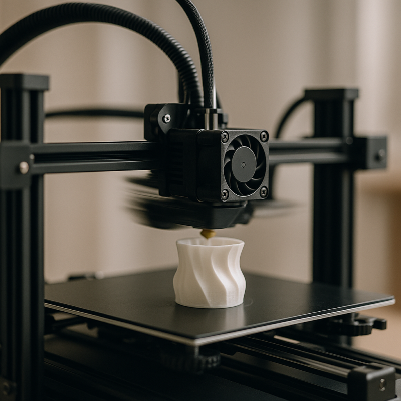 A 3D printer operating at full speed in a clean workshop environment, with soft natural lighting highlighting its moving parts.