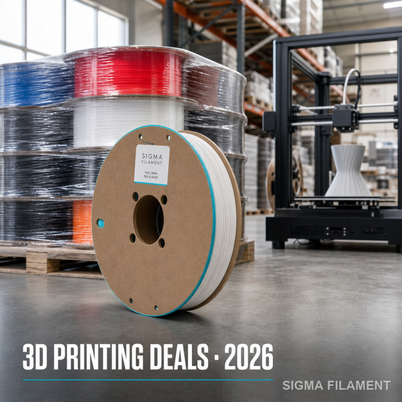 Pallet of 3D printer filament spools and a desktop FDM printer in a modern warehouse, conveying 3D printing deals and bulk procurement