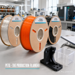 PETG 3D printing filament spools and printed functional parts on a factory quality-control bench