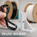Flexed black TPU printed bumper next to a rigid grey PLA bracket with filament spools softly blurred behind them