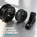 Three carbon filament products side by side: a chopped CF-reinforced spool, a carbon-black conductive spool, and a continuous-fiber printed bracket.