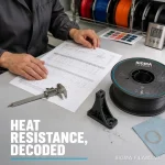 Engineer's hands laying a 3D printing filament datasheet on a QC lab bench beside a matte black spool of engineering filament and a printed bracket, cover graphic reading HEAT RESISTANCE, DECODED