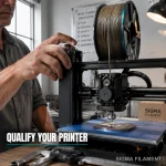 Engineer qualifying a desktop FDM printer for a metal filament 3D printer role, bronze metal-filled spool at the direct-drive extruder